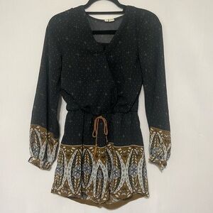 Japna EUC black/brown boho v neck smocked waist romper size S